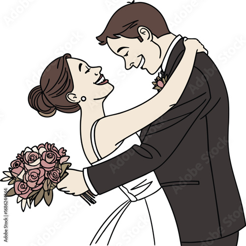 Cartoon Wedding Bliss A Happy Bride and Groom Embrace Surrounded by Love and Floral Beauty on Their Special Day