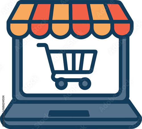 Online Store Illustration: Depicting the convenience of online shopping with a laptop screen, featuring a vibrant shopping cart icon and an awning, illustrating a digital storefront.