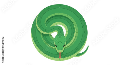 Green snake coiled in a circle with tongue out.