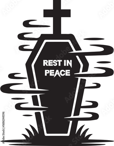 Epitaph in Solitude: A poignant silhouette of a tombstone and coffin against a minimalist backdrop, evoking reflections on mortality, remembrance, and the sanctity of rest.