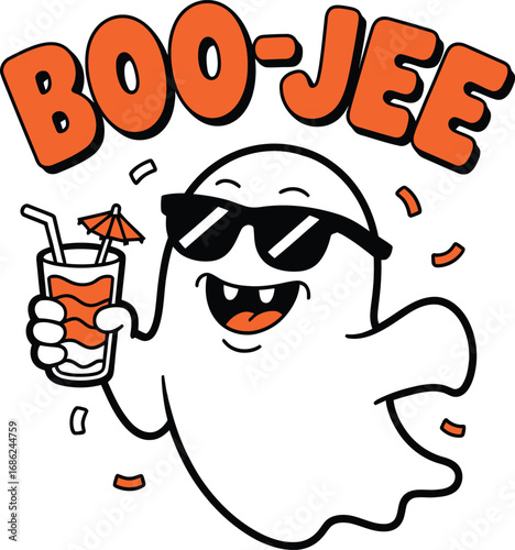 Animated Ghost with Drink: An illustrated ghost, sporting cool sunglasses and holding a refreshing drink, appears ready for a fun, carefree time. 
