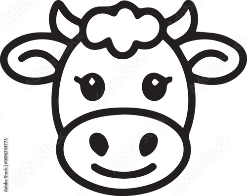 Friendly Cow Head: A minimalist line art illustration of a charming cow head, exuding warmth and simplicity with its adorable features and cheerful expression.