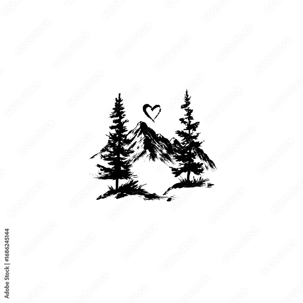 Obraz premium Hand-drawn Illustration of Mountains and Pine