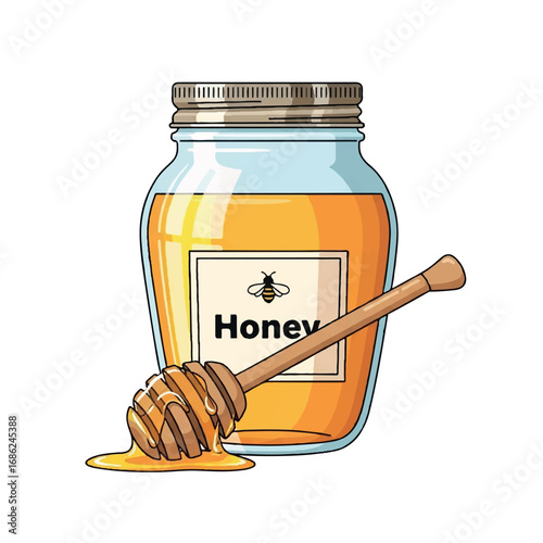 Honey Jar with Dipper Illustration.