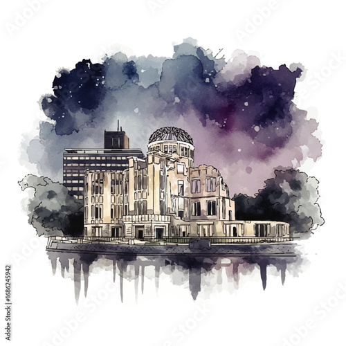 Watercolor sketch of the Hiroshima Peace Memorial, a poignant depiction of historical devastation.
