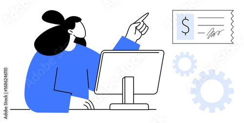 Woman at desk using monitor while pointing toward invoice with dollar sign, gears nearby suggesting processes. Ideal for finance, technology, business, workflow, invoicing, automation, efficiency
