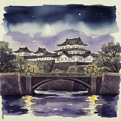 Watercolor painting of a Japanese castle at night, with a stone bridge spanning a river reflecting the castle lights.