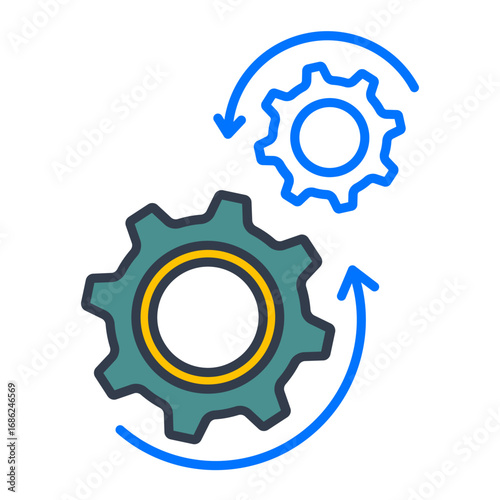 Vector Illustration of Interlocking Gears with Rotation Arrows – Symbol of Process, Settings, Teamwork, and Engineering