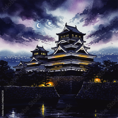 Majestic black castle at twilight, illuminated under a dramatic night sky with crescent moons.