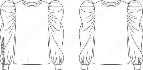Puff sleeve top technical drawing, round neck blouse, gathered sleeve design, long sleeve garment sketch, fashion illustration, front and back view vector