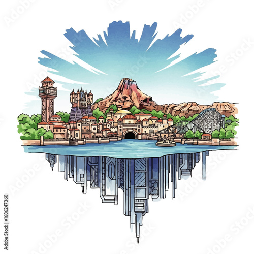 Artistic depiction of a vibrant seaside town with a mountain backdrop and a mirrored reflection.