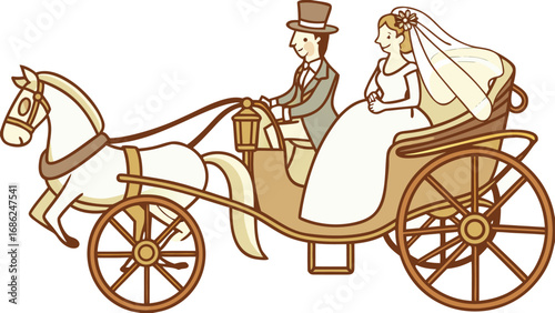 Romantic Wedding Day Carriage Ride Featuring a Bride and Groom Pulled by a Majestic White Horse