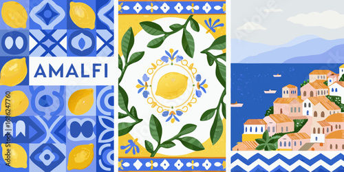 Vibrant amalfi coast illustration with lemons tiles and coastal village scene