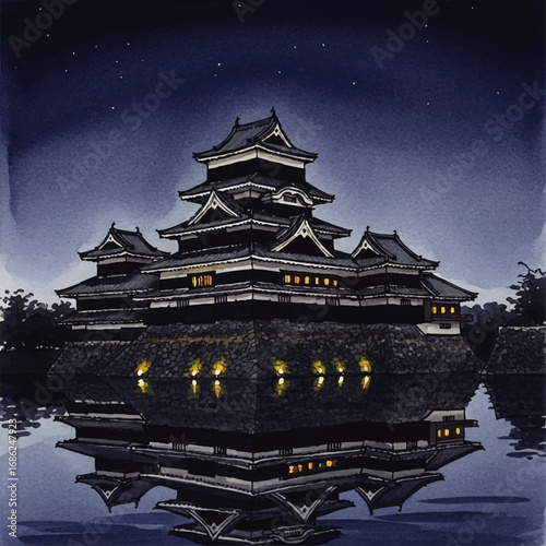 Majestic Japanese castle at night, reflected in still water, under a starry sky.