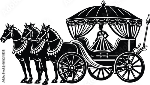 Elegant Horse-Drawn Carriage A Vintage Black and White Illustration of a Royal Vehicle for Transportation and Historical Representation