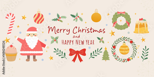 Cute christmas and happy new year greeting card with santa claus and festive decorations
