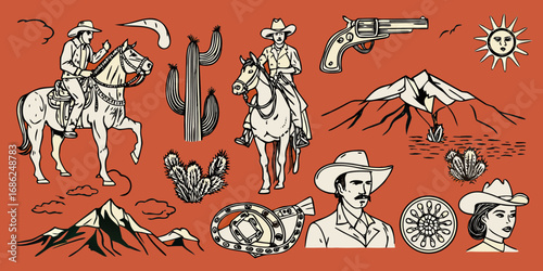 Vintage western cowboy and cowgirl illustration with horses cacti mountains and sun