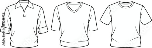Short sleeve shirt technical drawing, collared blouse design, V‑neck top, crew neck T‑shirt, casual fashion garment sketch, front and back view vector