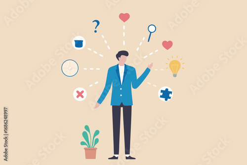 Man surrounded by icons representing ideas questions and decisions in a business context