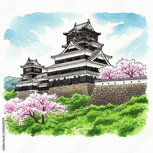 Artistic watercolor illustration of a Japanese castle with cherry blossoms in full bloom, under a blue sky.