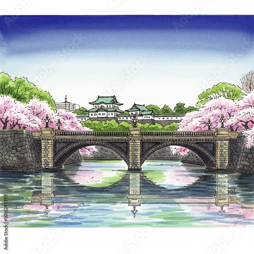 Illustration of a stone bridge over water, reflecting the structure, with cherry blossoms and a Japanese castle in the background under a blue sky.