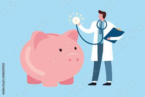 Doctor with stethoscope checking a piggy bank with a glowing light bulb symbolizing financial health and ideas