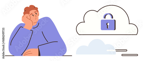 Man in purple sweater resting on hand, looking thoughtful near cloud with a lock. Ideal for data privacy, cybersecurity, cloud storage, information safety, technology, online protection, simple flat