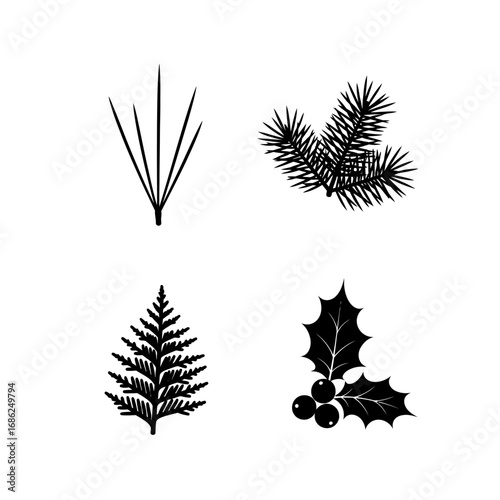 Four simple black silhouettes of evergreen foliage: grass, pine, fern, and holly.