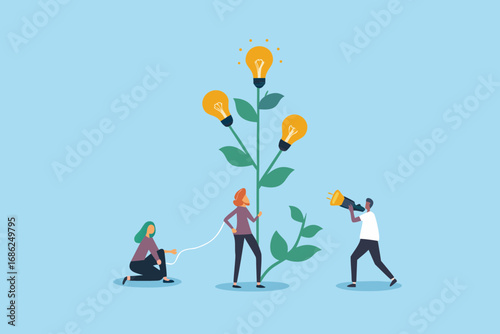 Teamwork and collaboration grow bright ideas and innovation with lightbulb plant