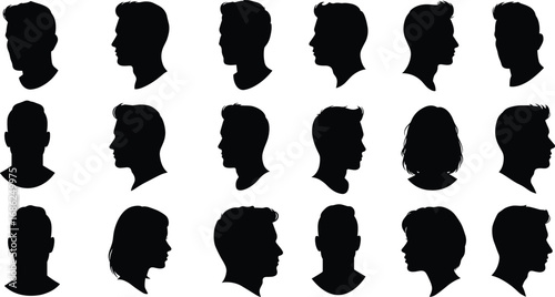 Silhouette profiles of men and women, black shadow head shapes, human face outline, anonymous identity, side view portraits, vector illustration