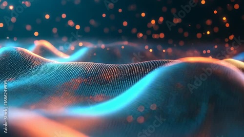 Abstract blue and orange particle grid forming a digital wave landscape