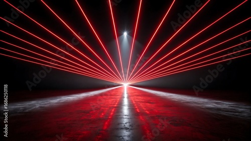 Bright red laser beams glowing in dark futuristic room with light rays 
