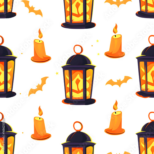 Halloween Lantern PNG Seamless Pattern Isolated on White Transparent Background with Candle and Bat,generative ai	
