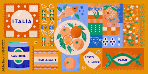 Vibrant italian summer collage featuring oranges sardines peaches pesto and amalfi coast flavors