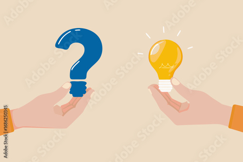 Two hands holding a blue question mark and a glowing light bulb representing problem solving and finding solutions