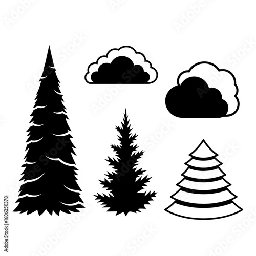 Simple black silhouettes of evergreen trees and clouds.