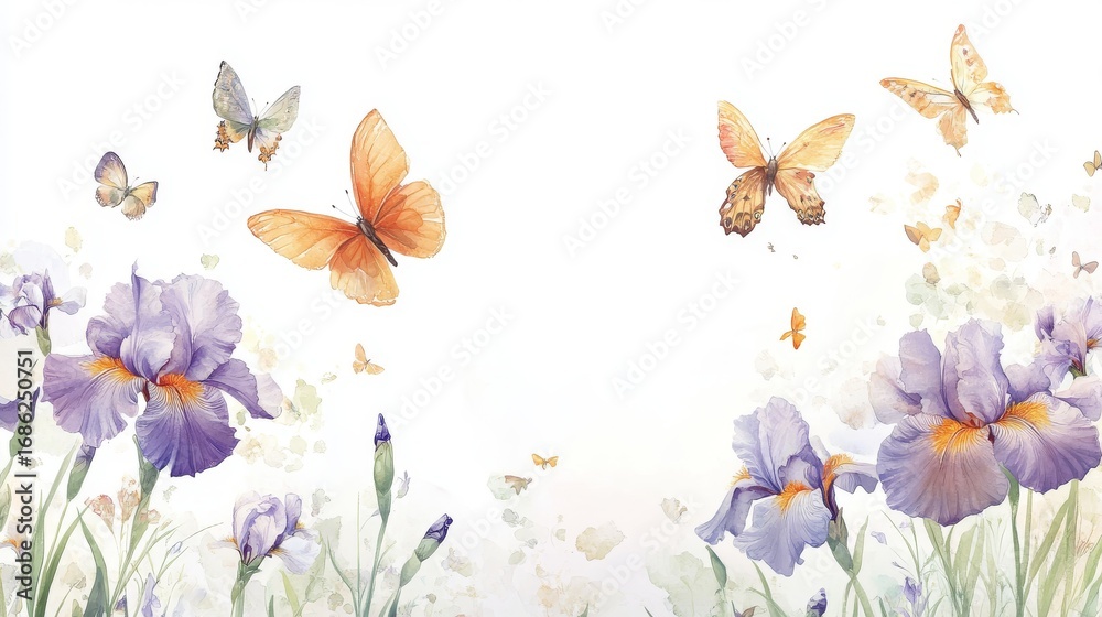 Fototapeta premium 50.A sophisticated nature-inspired composition with an artistic blend of soft watercolor-style irises and meticulously detailed butterflies. The empty space above frames the scene elegantly, allowing