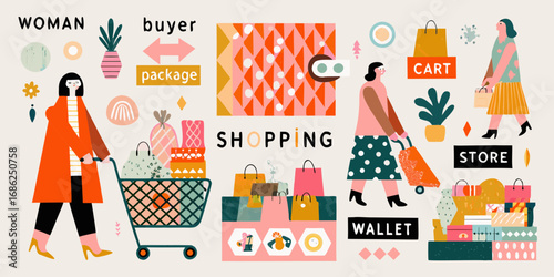 Diverse women enjoying shopping with carts bags and packages in a colorful abstract illustration