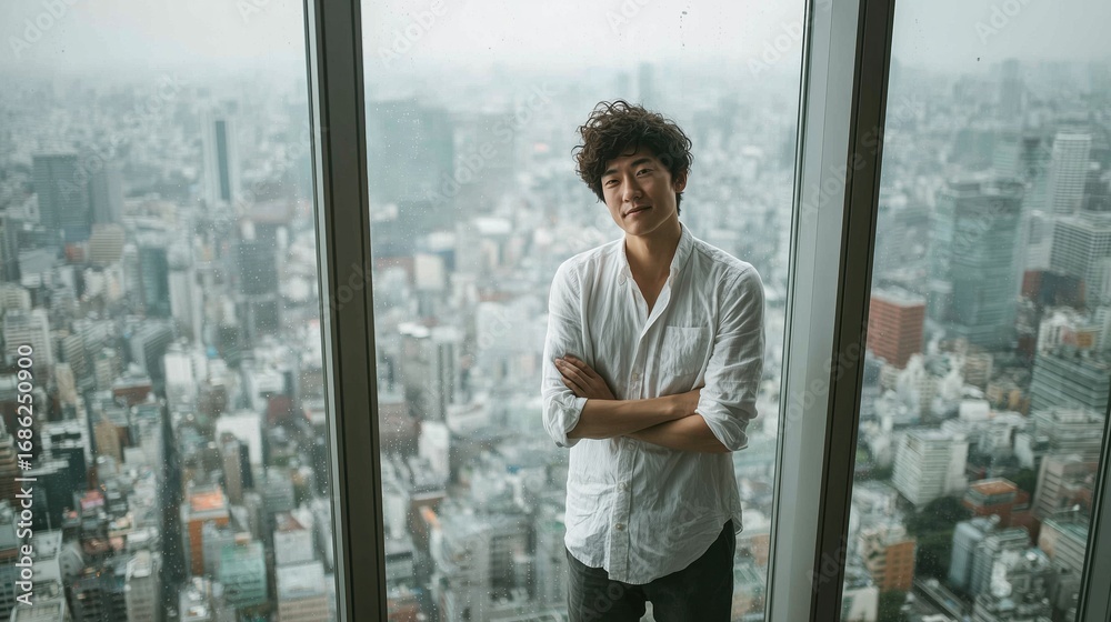 Fototapeta premium Asian Male Executive Standing in Front of Large Glass Window with City Skyline, Confident Corporate Portrait in Modern Office Interior 