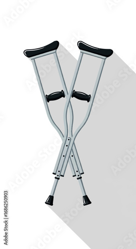 Pair of Crutches Crossed on White Background with Shadow.