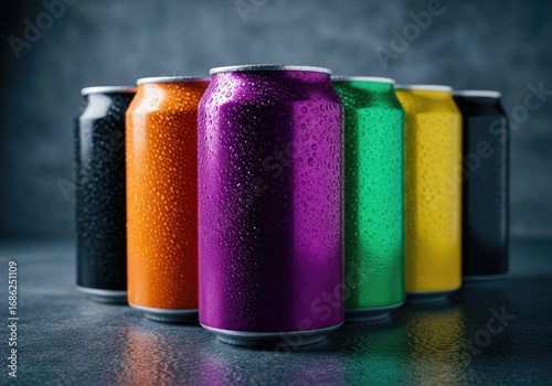 Assorted Wet Aluminum Cans Black, Orange, Purple, Green, and Yellow Colors