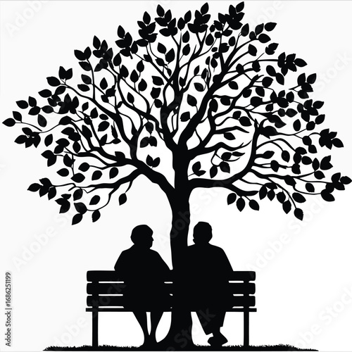 Silhouette of an Elderly Couple Sitting on a Bench Beneath a Tree, Evoking Themes of Love and Companionship