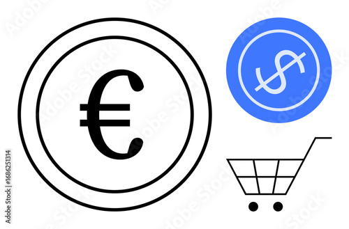 Euro and dollar symbols with a shopping cart represent global commerce, currency exchange, e-commerce, trade, digital business, financial operations, and global trade in a simple flat metaphor