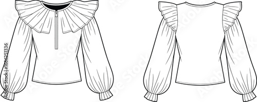 Ruffled collar blouse technical drawing, puff sleeve top, zipper front design, long sleeve garment sketch, fashion illustration, front and back view vector