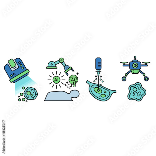 AI-powered medical technologies: scanning, robotic surgery, gene editing, and drone delivery.