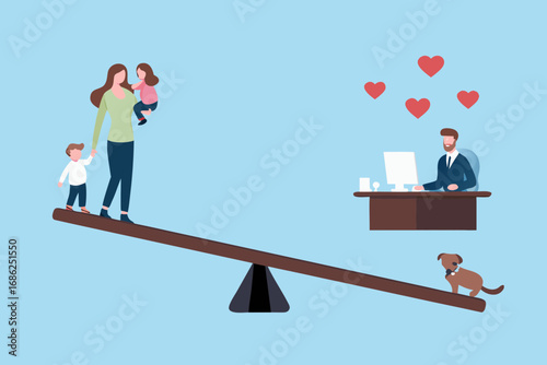 Balancing family life and work responsibilities with a seesaw metaphor and a dog