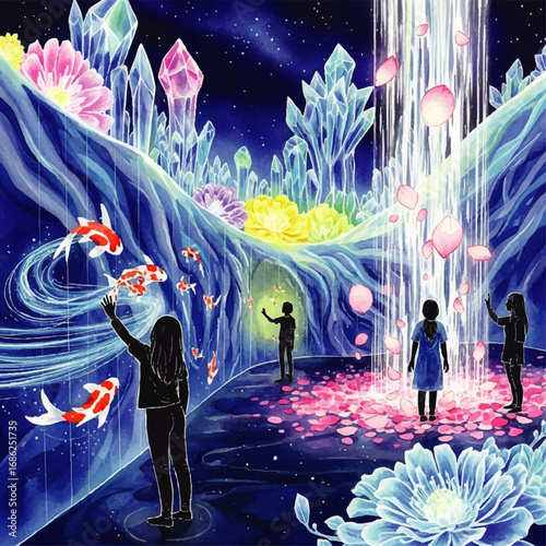 Silhouetted figures explore a vibrant crystal cave with glowing flowers, swimming koi, and a waterfall of falling petals under a starry sky.
