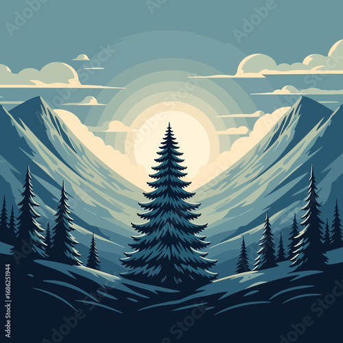Majestic mountain valley sunrise, single evergreen tree in foreground, serene winter landscape.