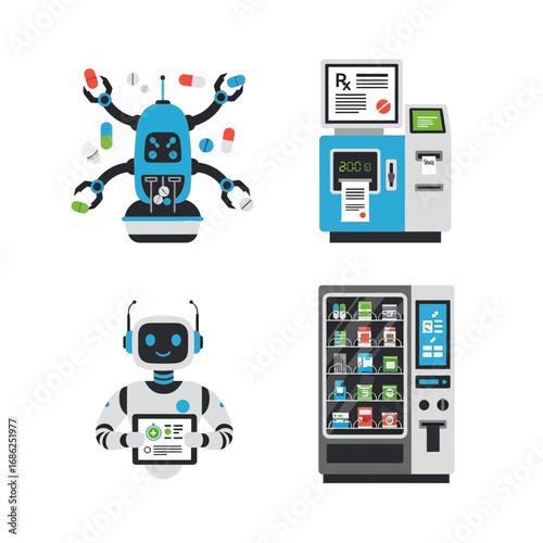 Automated pharmacy dispensing: robots and vending machines manage medication.