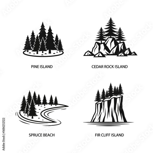 Four stylized black and white illustrations depict various island types: pine forest, rocky cedar outcrop, spruce-lined beach, and fir-covered cliff.